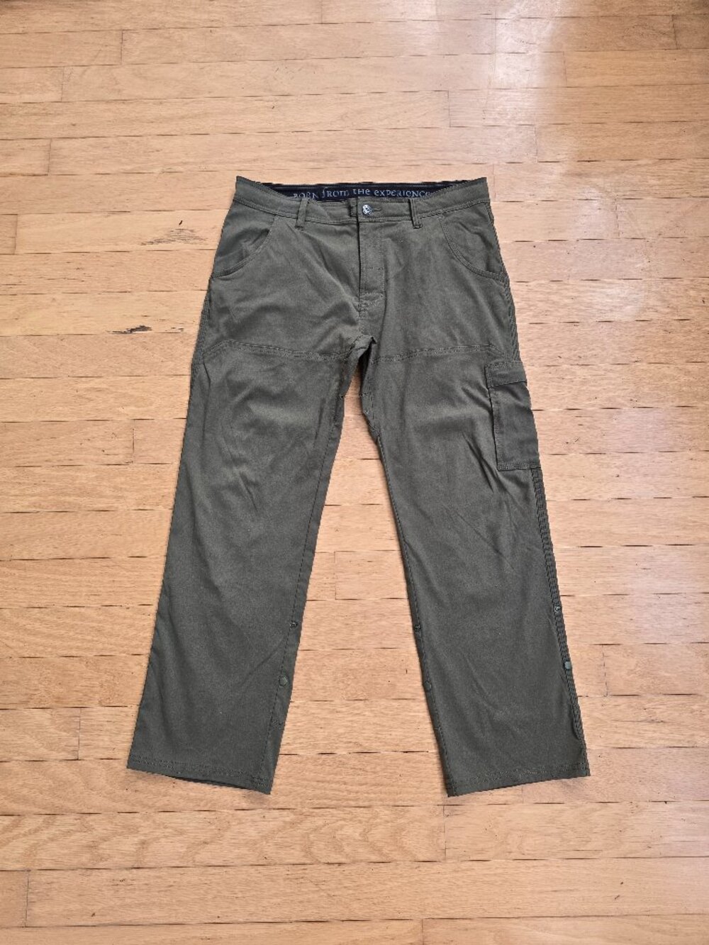 prAna Olive Army Green Roll Up Snap Stretch Canvas Hiking Cargo Pants Mens 34x30